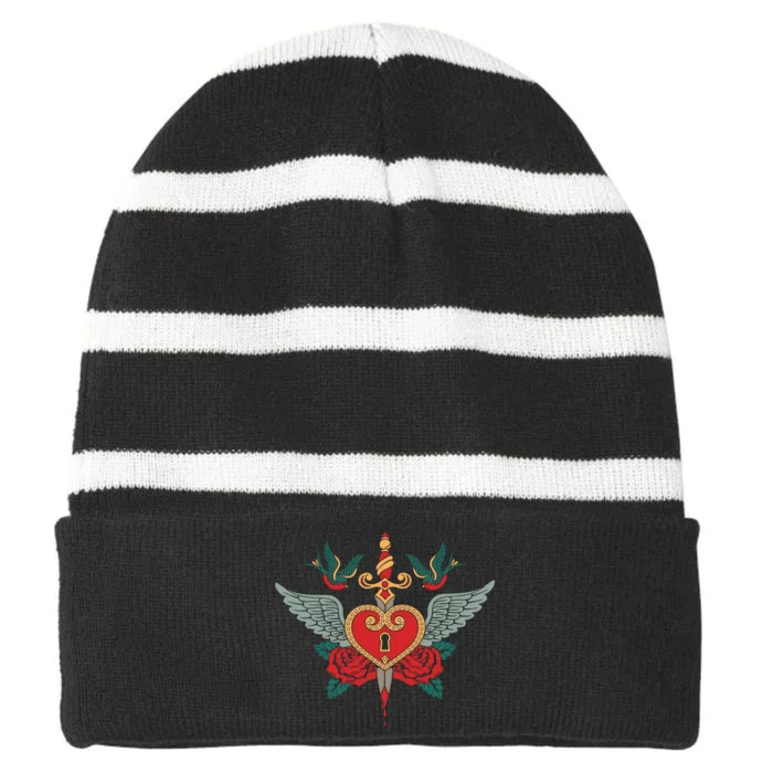 Swallows Heart Lockbox Sword Striped Beanie with Solid Band