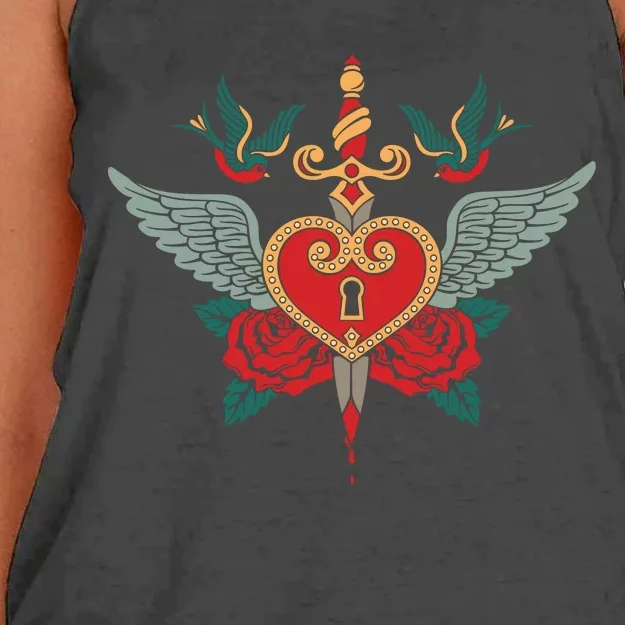 Swallows Heart Lockbox Sword Women's Knotted Racerback Tank