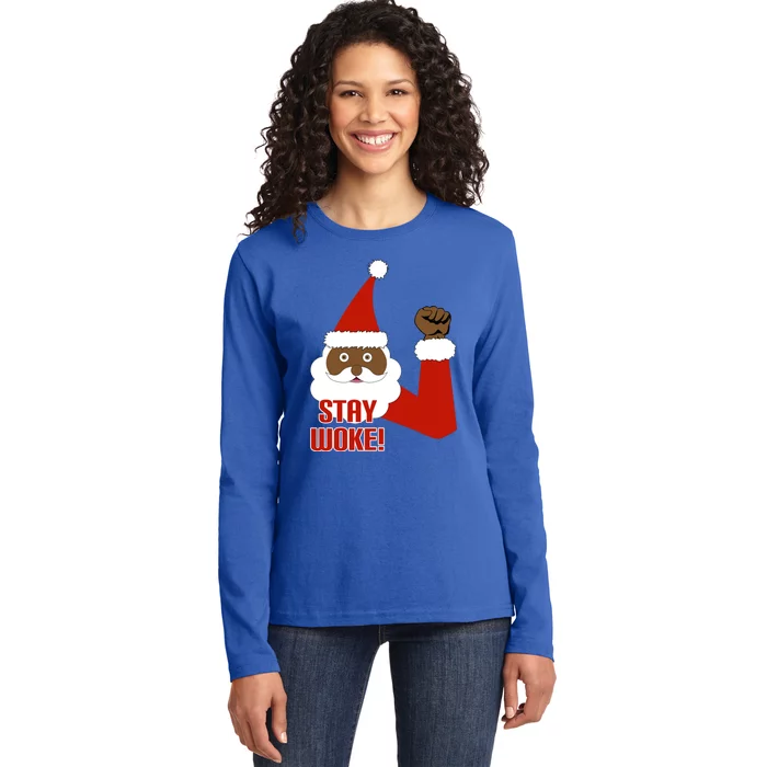 Stay Woke Black Santa Christmas Civil Rights Gift Ladies Long Sleeve Shirt