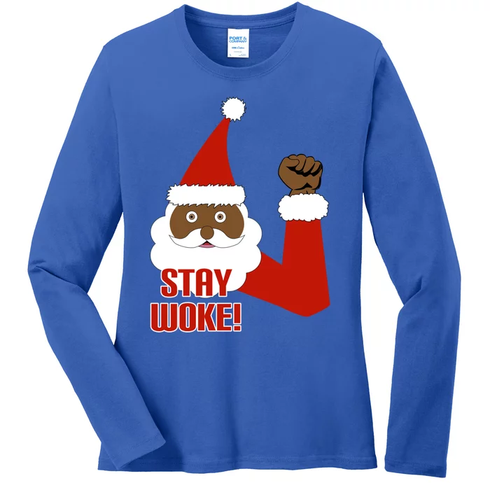 Stay Woke Black Santa Christmas Civil Rights Gift Ladies Long Sleeve Shirt