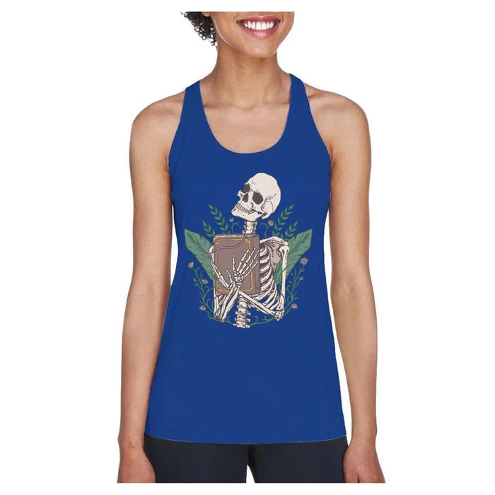 Skeleton With Book And Flowers Book Lover Goth Halloween Meaningful Gift Women's Racerback Tank