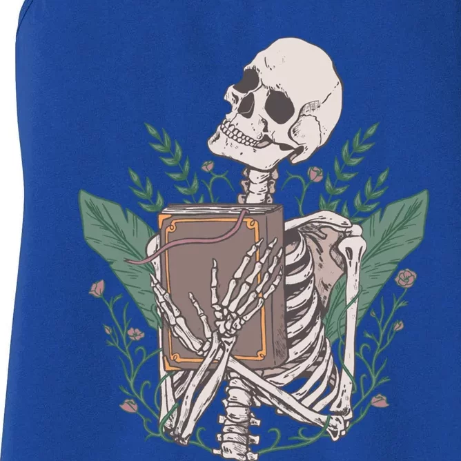 Skeleton With Book And Flowers Book Lover Goth Halloween Meaningful Gift Women's Racerback Tank