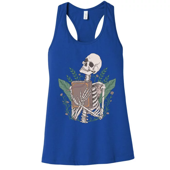 Skeleton With Book And Flowers Book Lover Goth Halloween Meaningful Gift Women's Racerback Tank