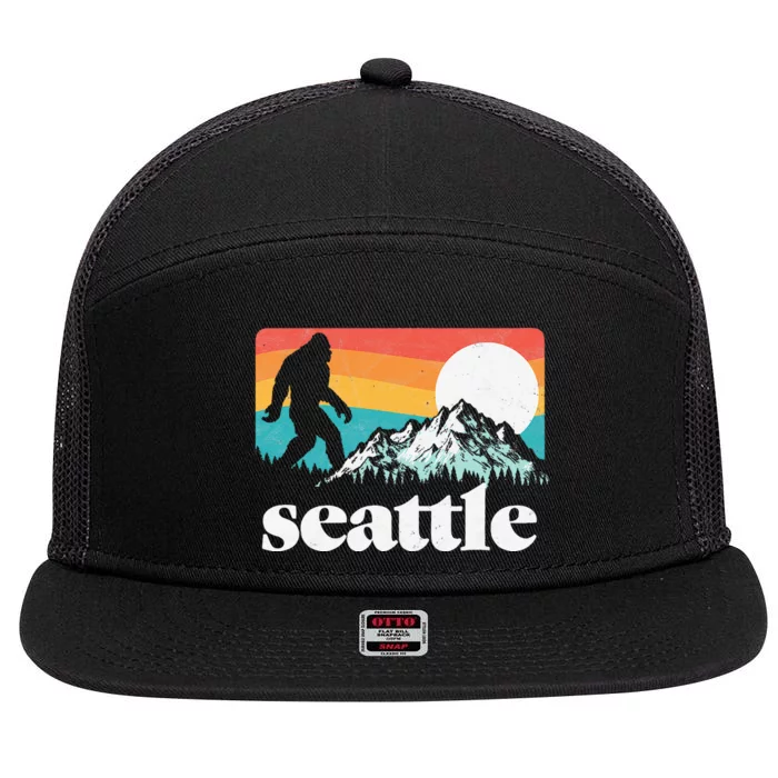 Seattle Washington Bigfoot Mountains Retro Distressed 80s 7 Panel Mesh Trucker Snapback Hat