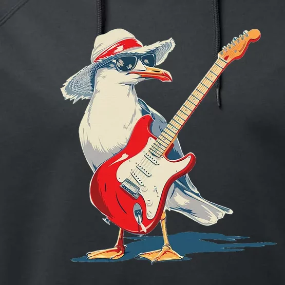 Seagull With Beach Hat And Electric Guitar Performance Fleece Hoodie