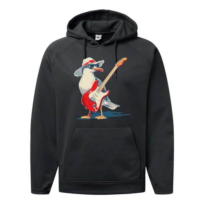 Seagull With Beach Hat And Electric Guitar Performance Fleece Hoodie