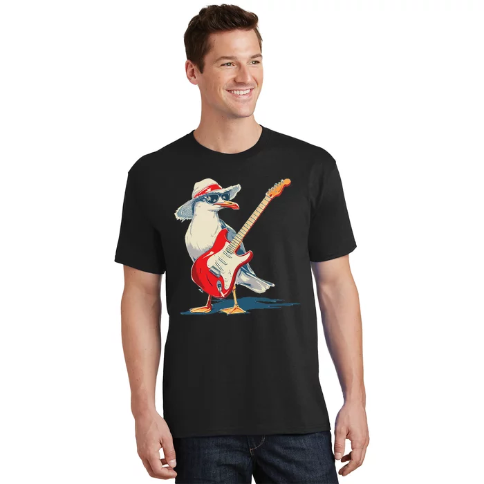 Seagull With Beach Hat And Electric Guitar T-Shirt