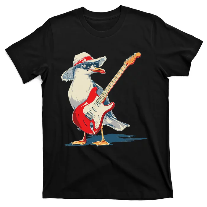 Seagull With Beach Hat And Electric Guitar T-Shirt