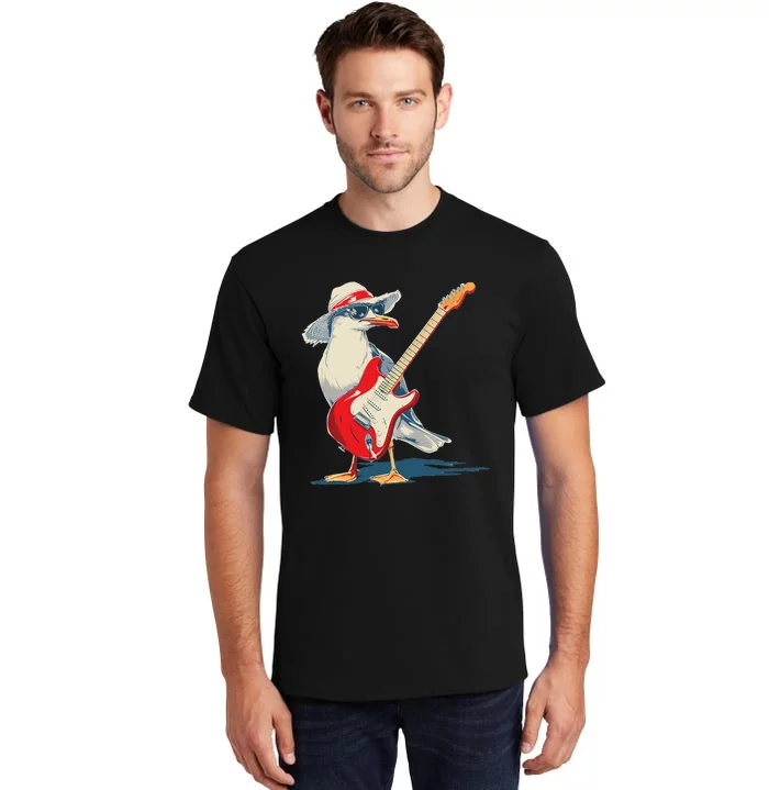 Seagull With Beach Hat And Electric Guitar Tall T-Shirt