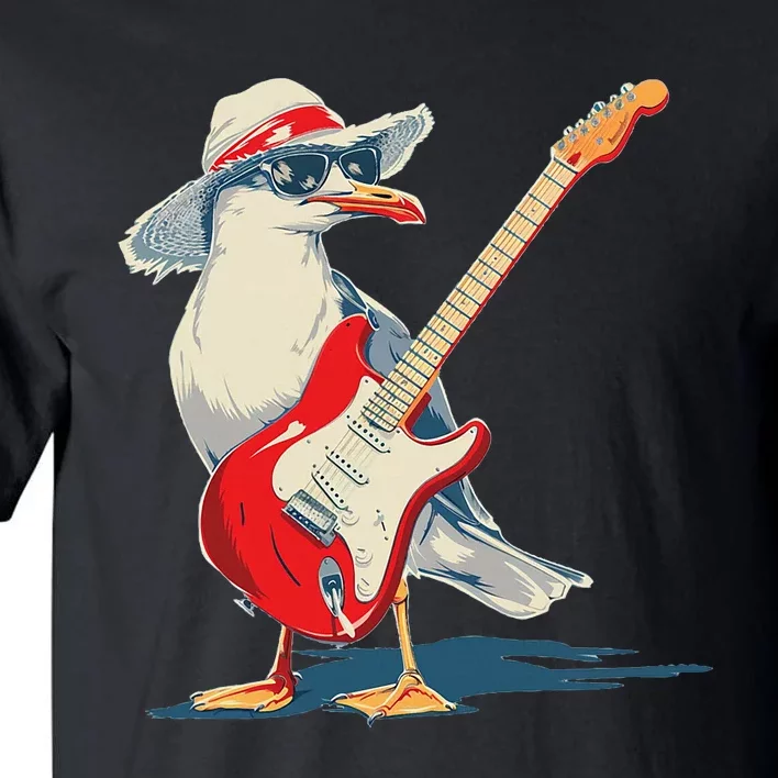 Seagull With Beach Hat And Electric Guitar Tall T-Shirt