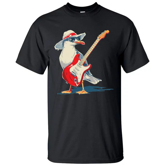 Seagull With Beach Hat And Electric Guitar Tall T-Shirt