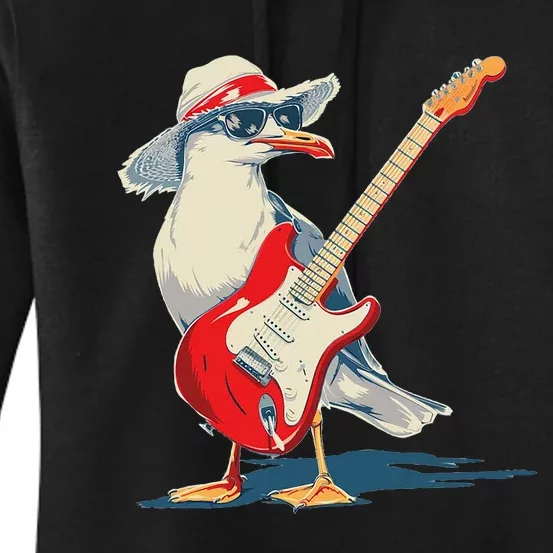 Seagull With Beach Hat And Electric Guitar Women's Pullover Hoodie