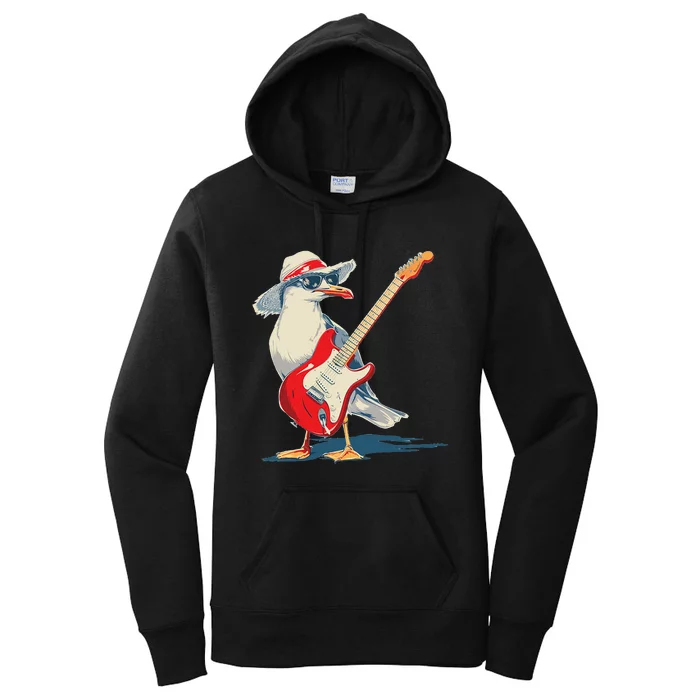 Seagull With Beach Hat And Electric Guitar Women's Pullover Hoodie