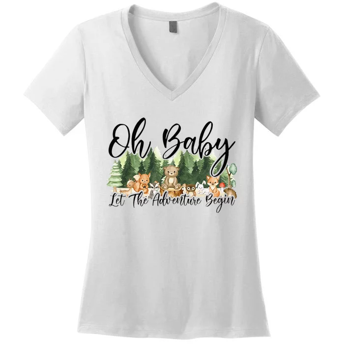 Spring Woodland Baby Shower Animal Theme Matching Neutral Women's V-Neck T-Shirt