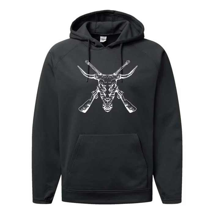 Skull With Crossed Guns And Horns Performance Fleece Hoodie