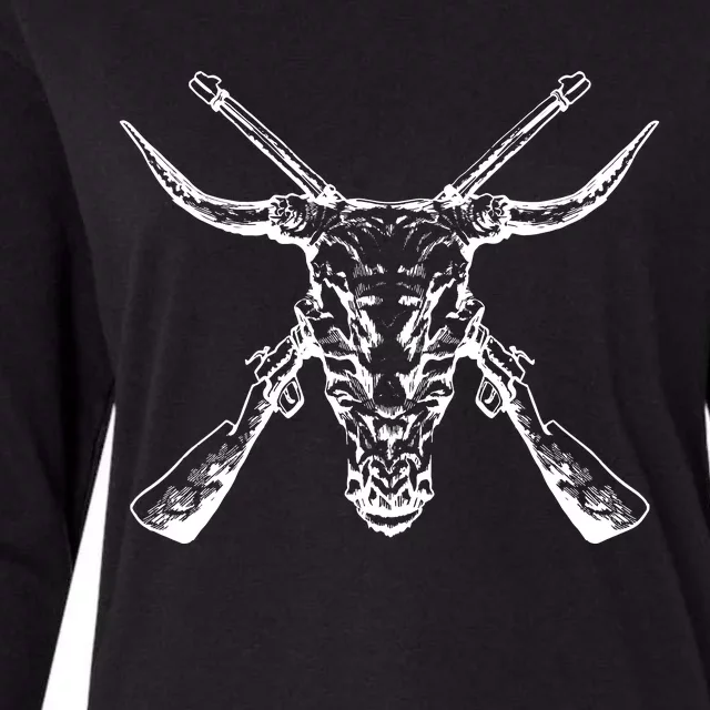 Skull With Crossed Guns And Horns Womens Cotton Relaxed Long Sleeve T-Shirt