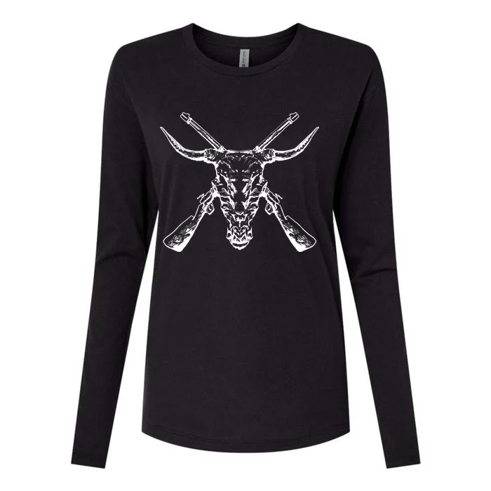 Skull With Crossed Guns And Horns Womens Cotton Relaxed Long Sleeve T-Shirt