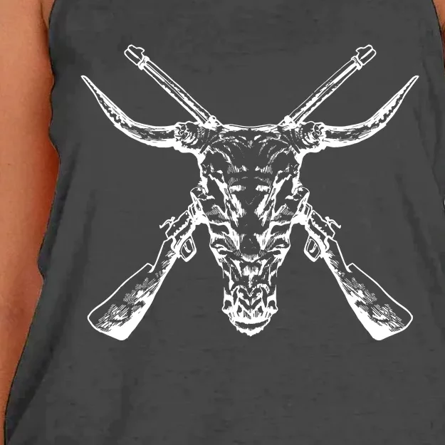 Skull With Crossed Guns And Horns Women's Knotted Racerback Tank