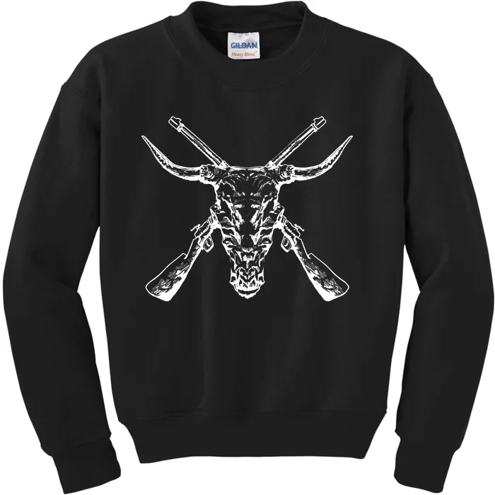 Skull With Crossed Guns And Horns Kids Sweatshirt