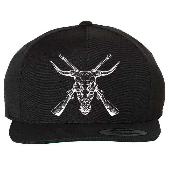 Skull With Crossed Guns And Horns Wool Snapback Cap