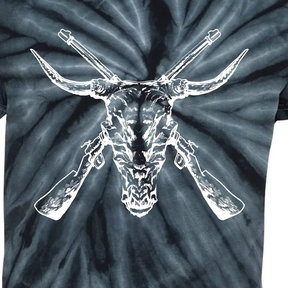 Skull With Crossed Guns And Horns Kids Tie-Dye T-Shirt