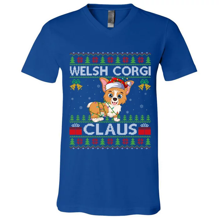 Santa Welsh Corgi Dog Xmas Lights Ugly Welsh Corgi Christmas Gift V-Neck T-Shirt