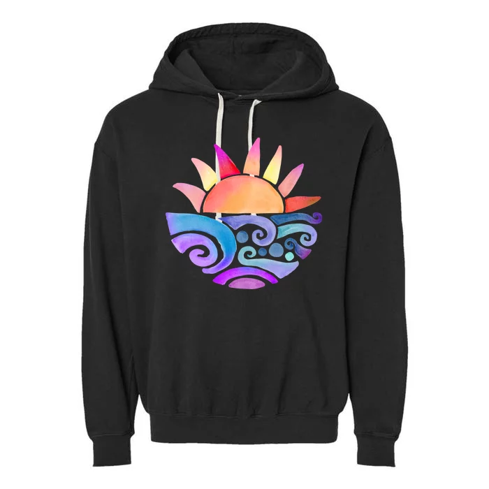 Summer Water Color Sunset Beach Garment-Dyed Fleece Hoodie