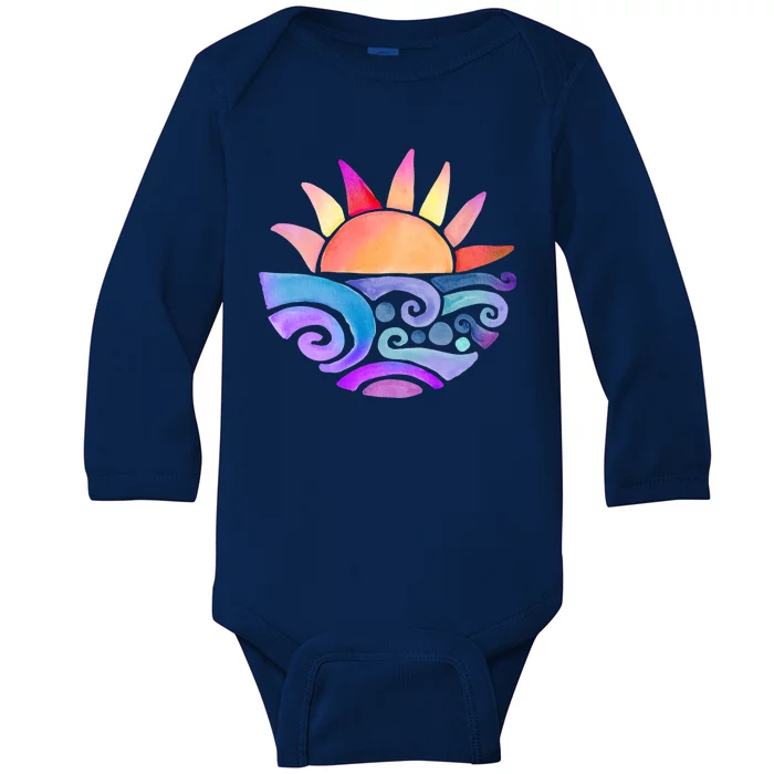 Summer Water Color Sunset Beach Baby Long Sleeve Bodysuit