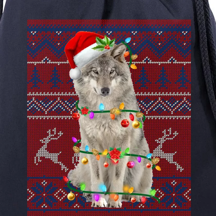 Santa Wolf Christmas Tree Lights Ugly Sweater Pajama Cute Gift Drawstring Bag