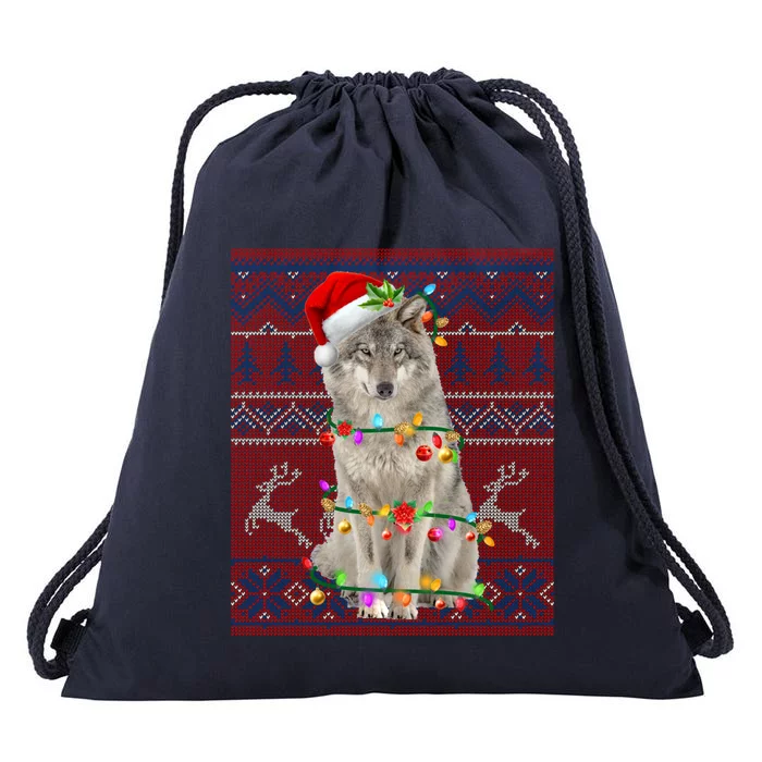 Santa Wolf Christmas Tree Lights Ugly Sweater Pajama Cute Gift Drawstring Bag