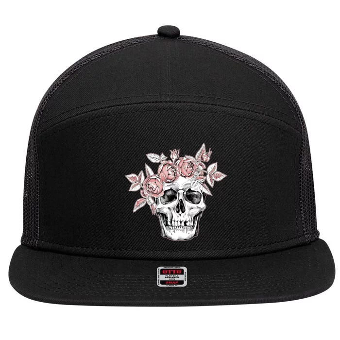 Skull With Crown Of Pink Roses 7 Panel Mesh Trucker Snapback Hat