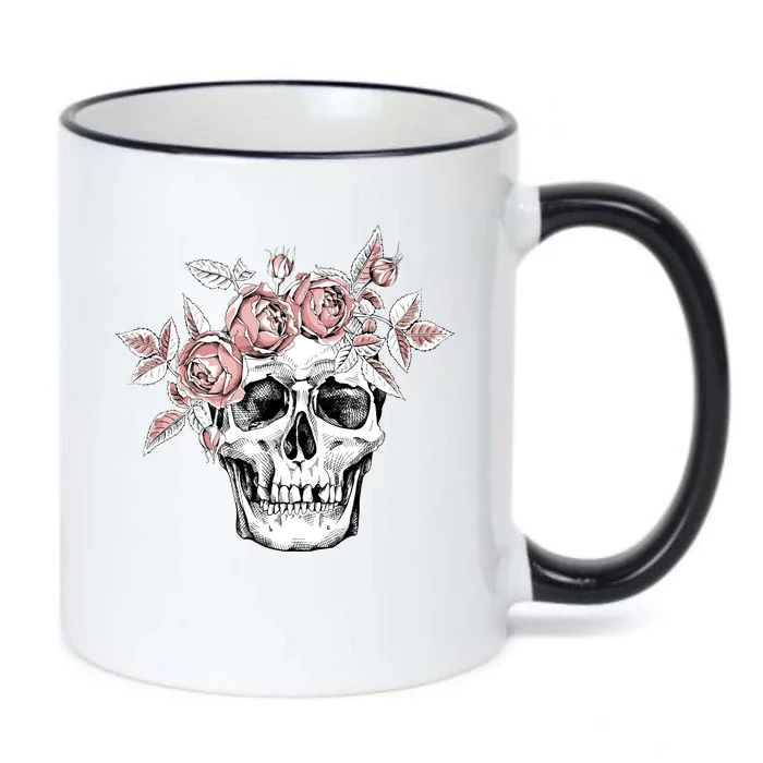 Skull With Crown Of Pink Roses Black Color Changing Mug