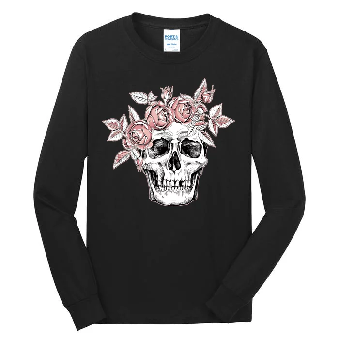 Skull With Crown Of Pink Roses Tall Long Sleeve T-Shirt