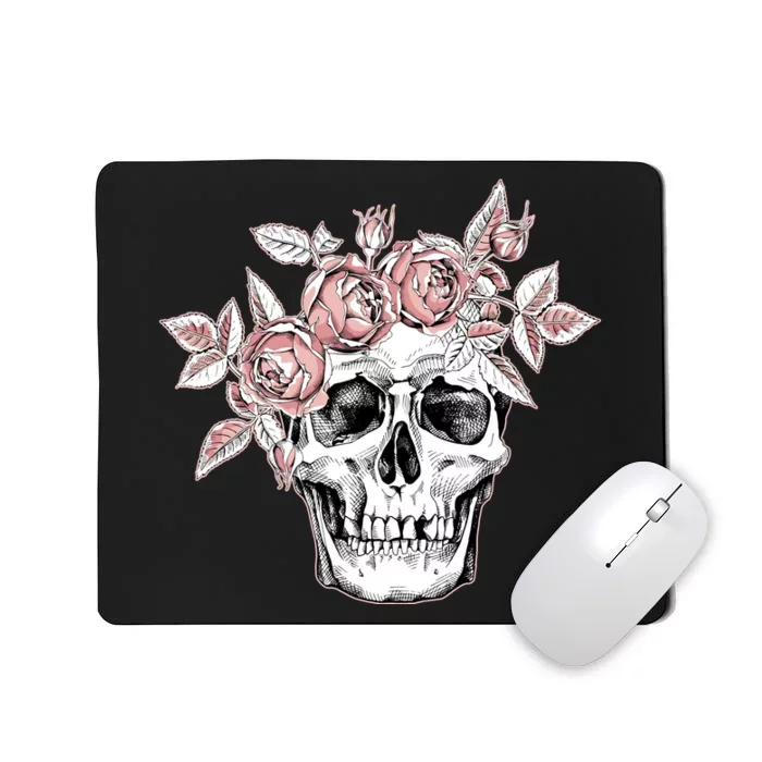 Skull With Crown Of Pink Roses Mousepad