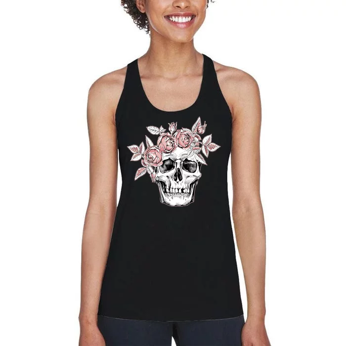 Skull With Crown Of Pink Roses Women's Racerback Tank