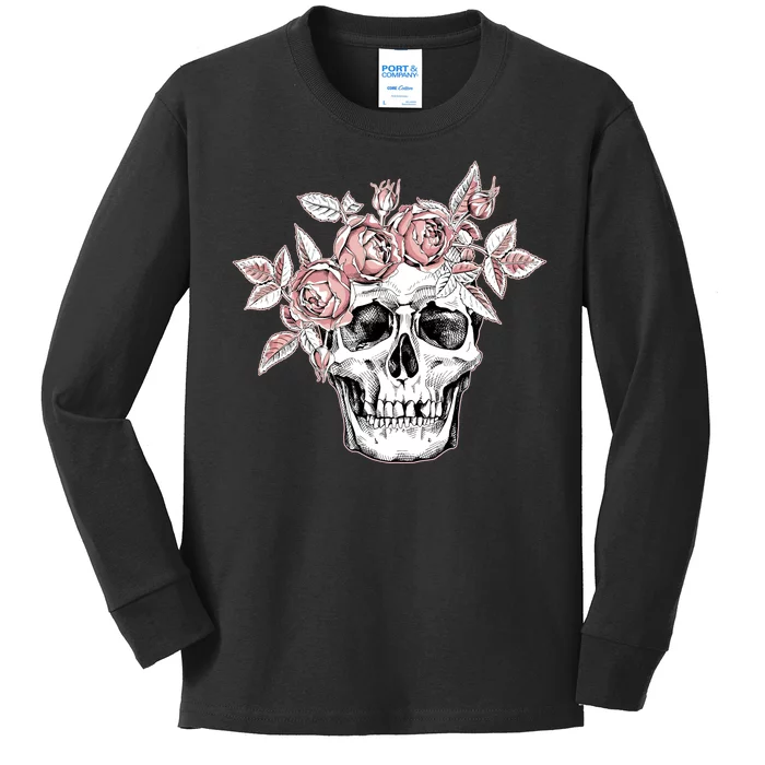 Skull With Crown Of Pink Roses Kids Long Sleeve Shirt