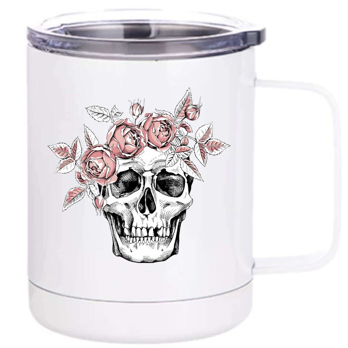 Skull With Crown Of Pink Roses Front & Back 12oz Stainless Steel Tumbler Cup