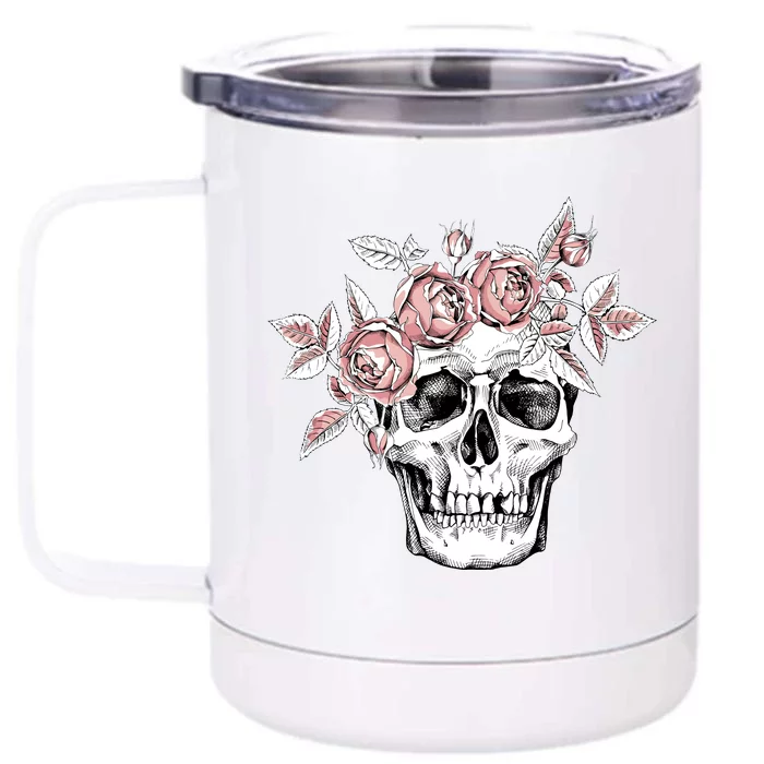 Skull With Crown Of Pink Roses Front & Back 12oz Stainless Steel Tumbler Cup