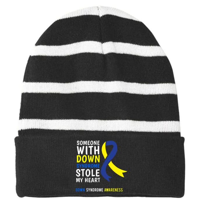 Some With Down Syndrome Stole My Heart Ribbon Gift Striped Beanie with Solid Band