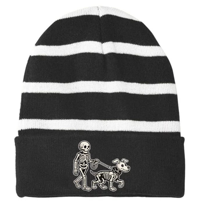 Skeleton With Dog Walking Halloween Costume Striped Beanie with Solid Band