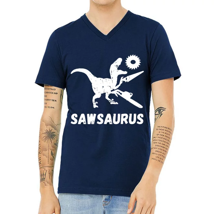 Sawsaurus Woodworker Dinosaurs Carpentry Trex Chainsaw V-Neck T-Shirt