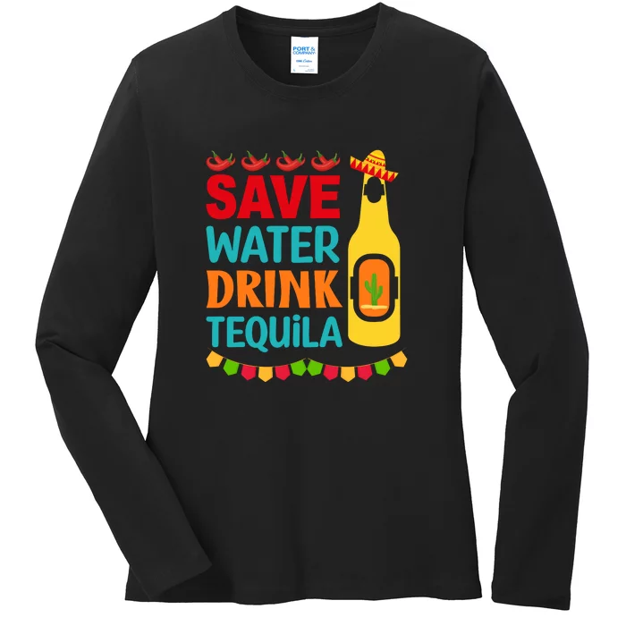 Save Water Drink Tequila Cinco De Mayo Mexico Party Beach Ladies Long Sleeve Shirt