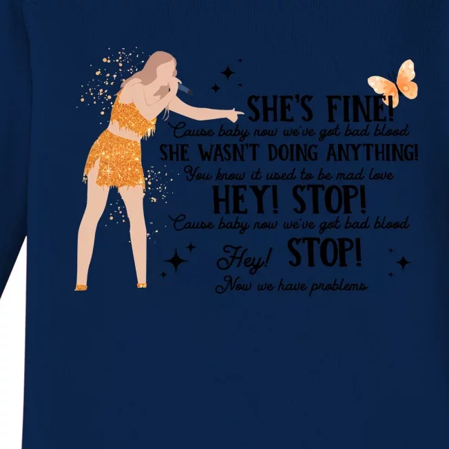 She Wasnt Doing Anything Shes Fine Eras Tour Bad Blood Version Baby Long Sleeve Bodysuit