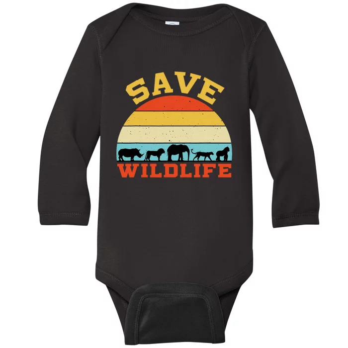 Save Wildlife Endangered Rhino Lion Elephant Tiger Gorilla Baby Long Sleeve Bodysuit