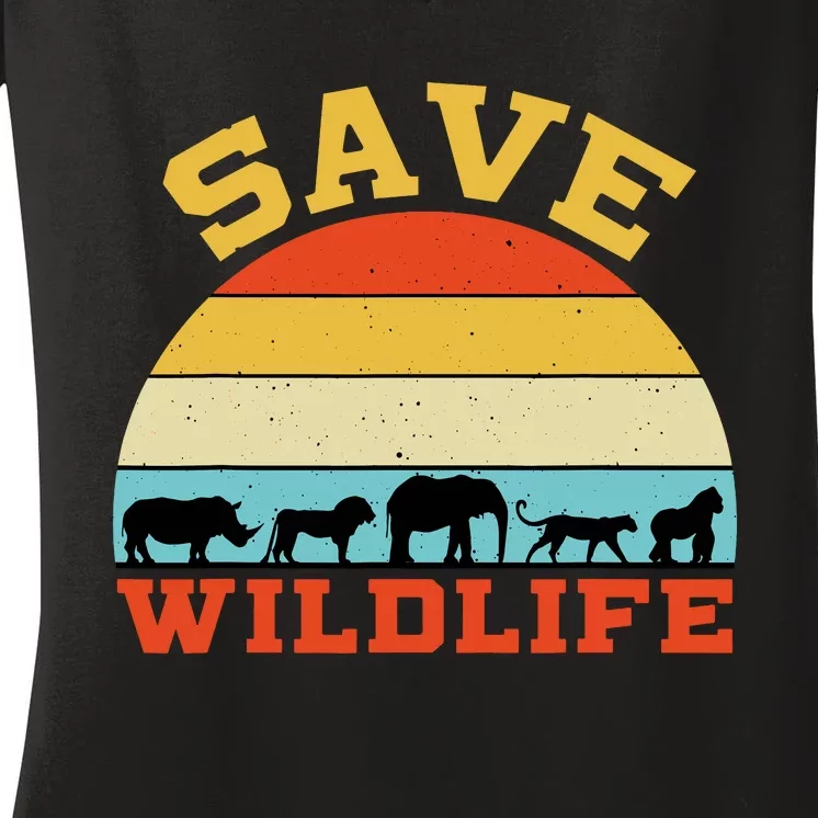 Save Wildlife Endangered Rhino Lion Elephant Tiger Gorilla Women's V-Neck T-Shirt