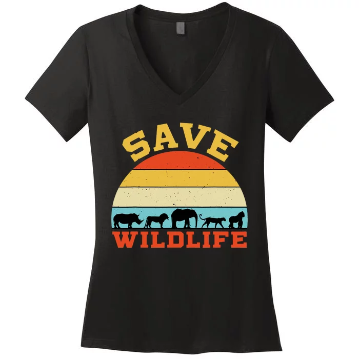 Save Wildlife Endangered Rhino Lion Elephant Tiger Gorilla Women's V-Neck T-Shirt