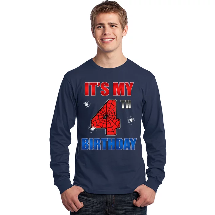 Spider Web Four 4 Years Old ItS My 4th Birthday Boy Party Long Sleeve Shirt