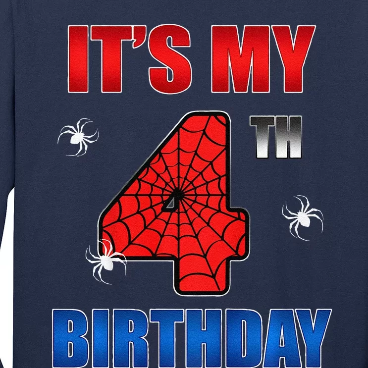 Spider Web Four 4 Years Old ItS My 4th Birthday Boy Party Long Sleeve Shirt