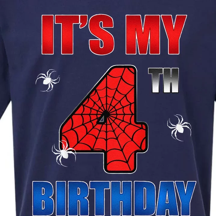 Spider Web Four 4 Years Old ItS My 4th Birthday Boy Party Sueded Cloud Jersey T-Shirt