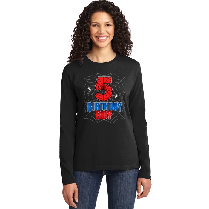 Spider Web Five 5 Years Old 5th Birthday Boy Party Ladies Long Sleeve Shirt